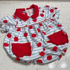Smockingbird NWOT Apple and Striped Baby Romper SZ 9 Mos ruffle pockets bubble